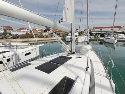 Deck of aMore, a Bavaria Cruiser 37 sailboat at Pirovac, Croatia