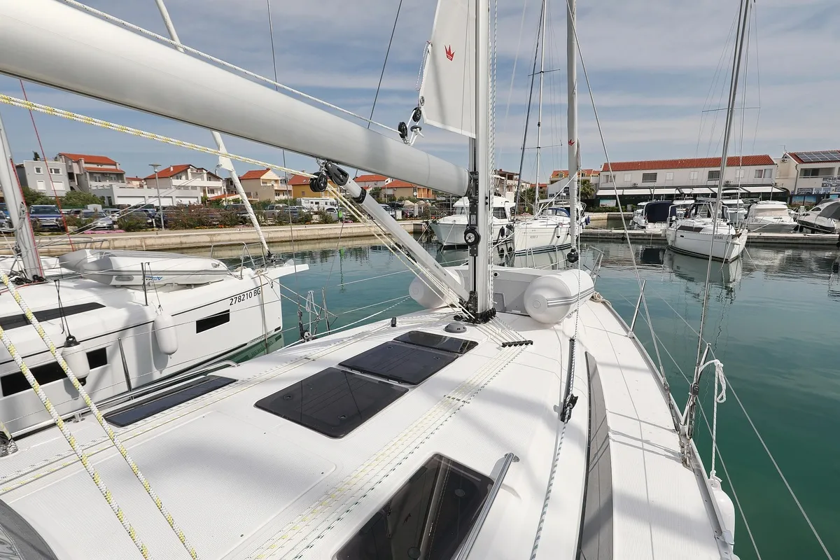 Deck of aMore, a Bavaria Cruiser 37 sailboat at Pirovac, Croatia