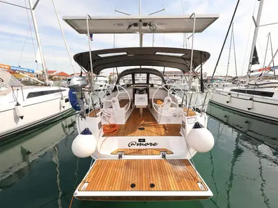 Cockpit of aMore, a Bavaria Cruiser 37 sailboat at Pirovac, Croatia