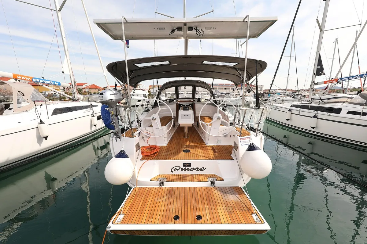 Cockpit of aMore, a Bavaria Cruiser 37 sailboat at Pirovac, Croatia