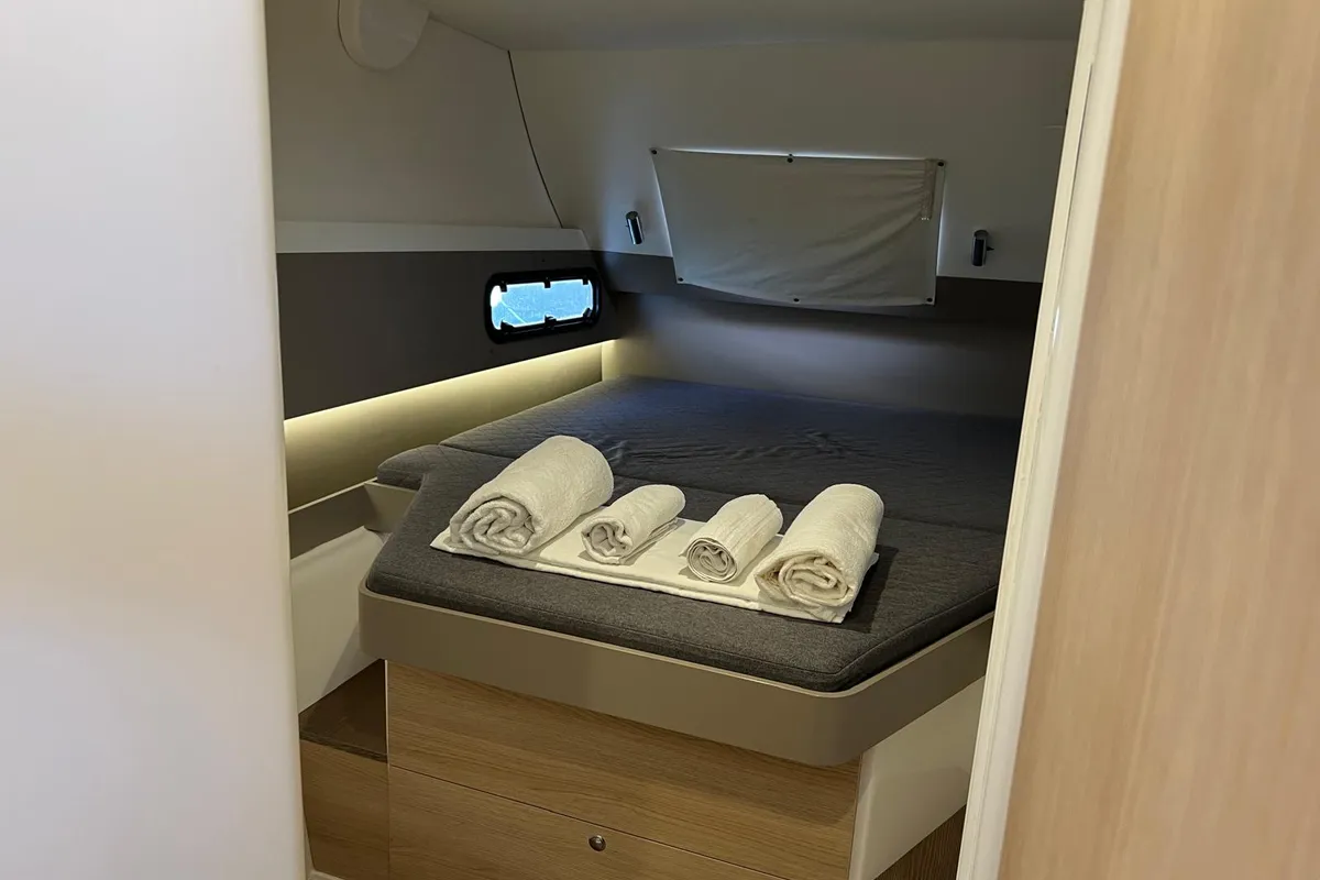 Cabin on Ginevra, a Bali 4.1 catamaran at Capo d'Orlando, Italy