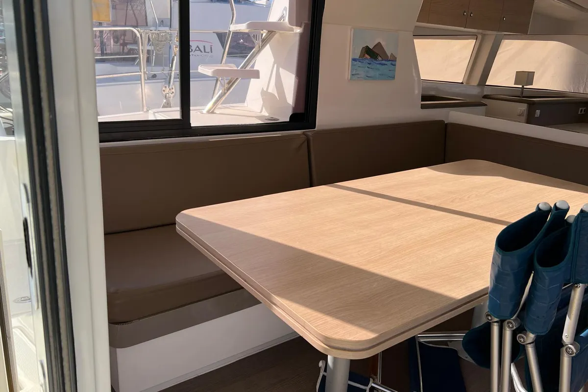 Salon of Ginevra, a Bali 4.1 catamaran at Capo d'Orlando, Italy