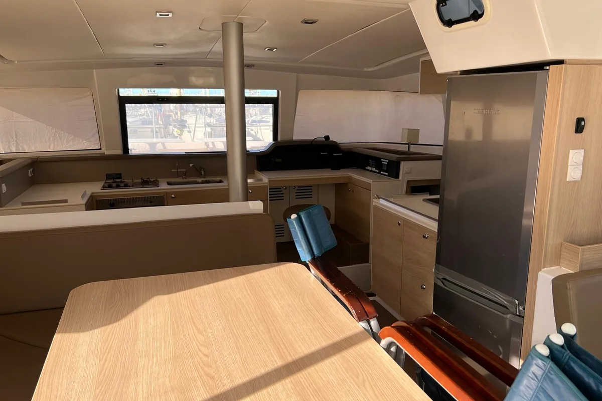 Salon of Ginevra, a Bali 4.1 catamaran at Capo d'Orlando, Italy