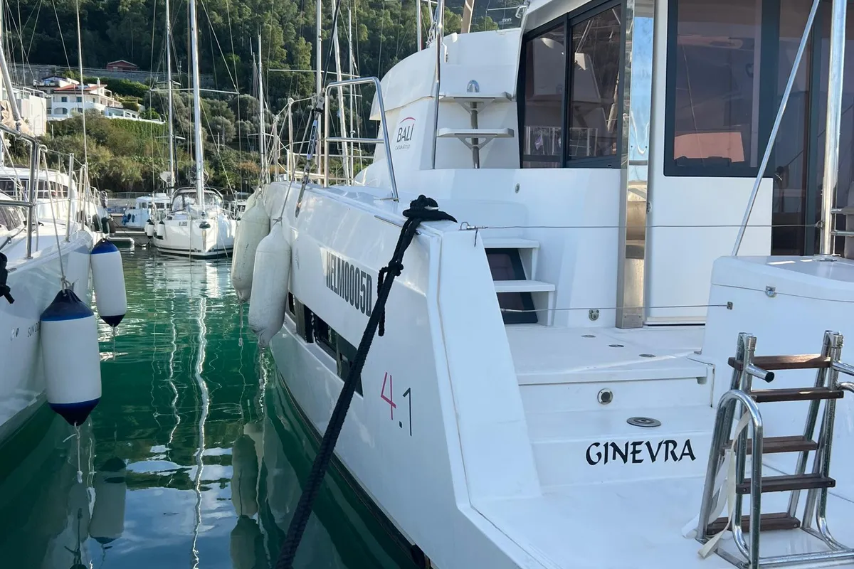Exterior view of Ginevra, a Bali 4.1 catamaran at Capo d'Orlando, Italy