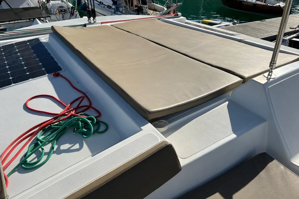 Deck of Ginevra, a Bali 4.1 catamaran at Capo d'Orlando, Italy