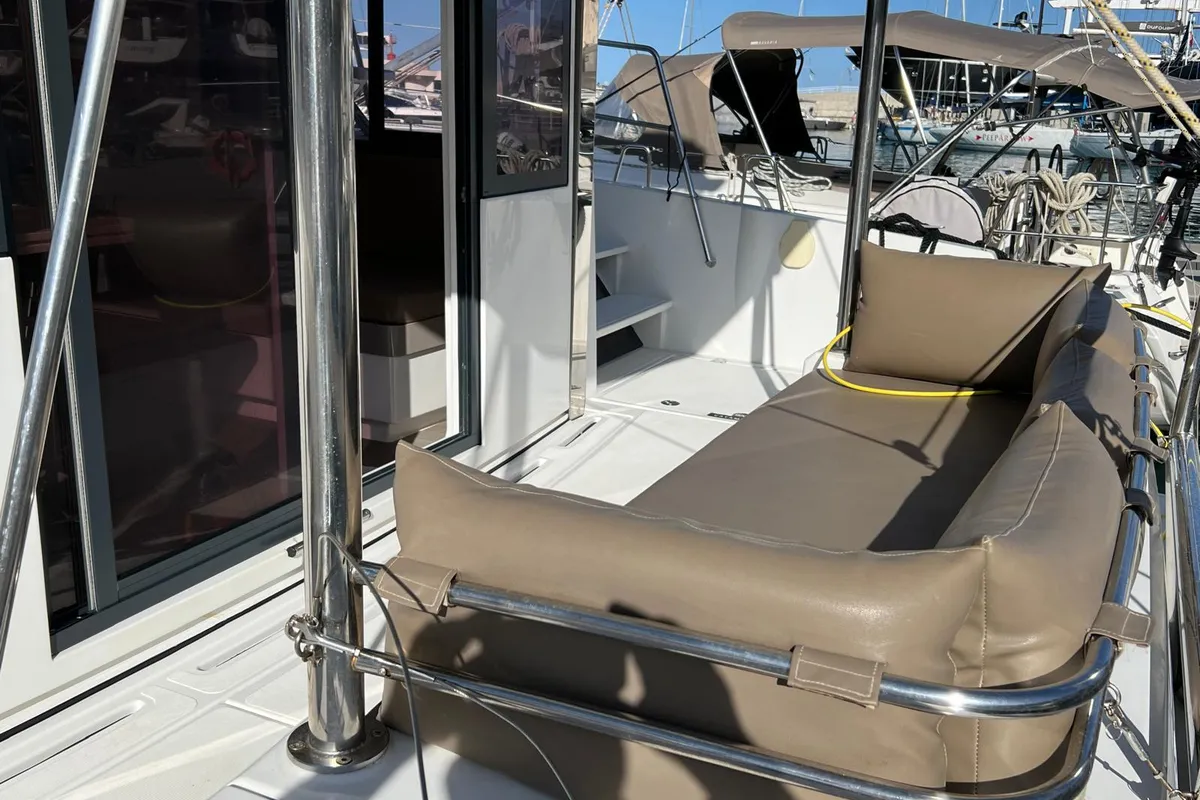 Deck of Ginevra, a Bali 4.1 catamaran at Capo d'Orlando, Italy