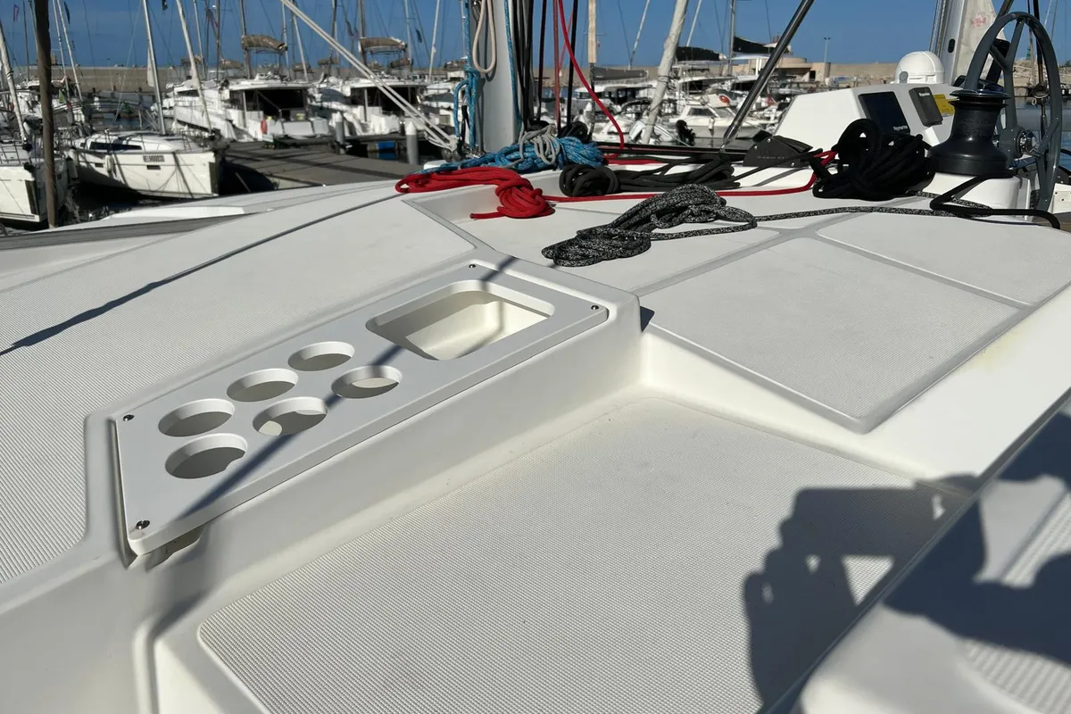 Deck of Ginevra, a Bali 4.1 catamaran at Capo d'Orlando, Italy
