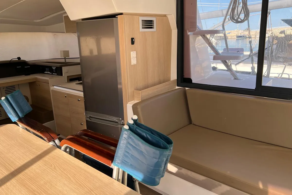 Salon of Ginevra, a Bali 4.1 catamaran at Capo d'Orlando, Italy