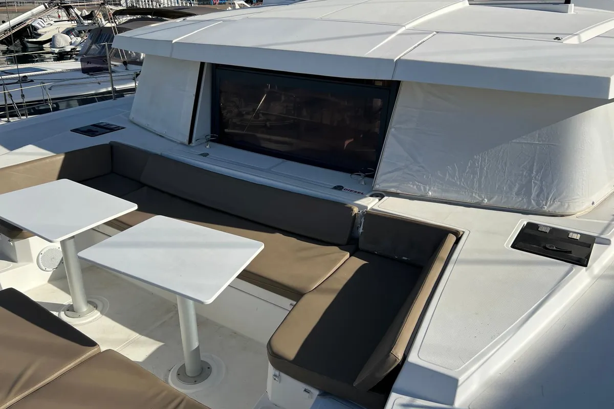 Deck of Ginevra, a Bali 4.1 catamaran at Capo d'Orlando, Italy