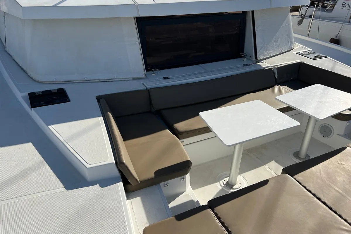 Deck of Ginevra, a Bali 4.1 catamaran at Capo d'Orlando, Italy