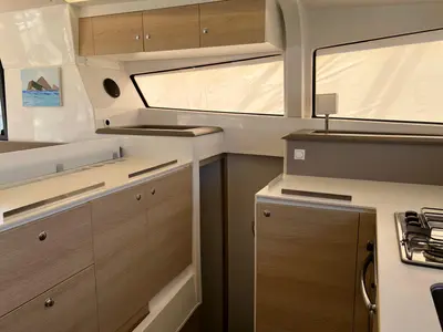 Salon of Ginevra, a Bali 4.1 catamaran at Capo d'Orlando, Italy