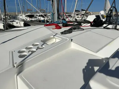 Deck of Ginevra, a Bali 4.1 catamaran at Capo d'Orlando, Italy
