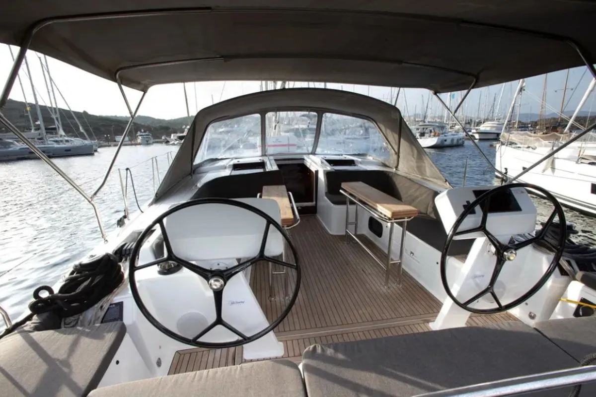 Cockpit of Medusa II, a Hanse 508 sailboat at Municipal Unit of Lefkada, Greece