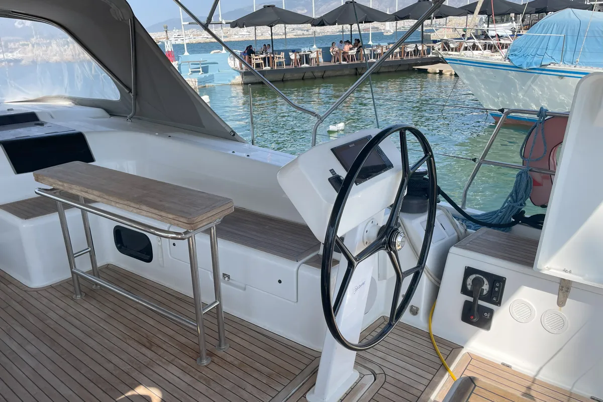 Cockpit of Medusa II, a Hanse 508 sailboat at Municipal Unit of Lefkada, Greece