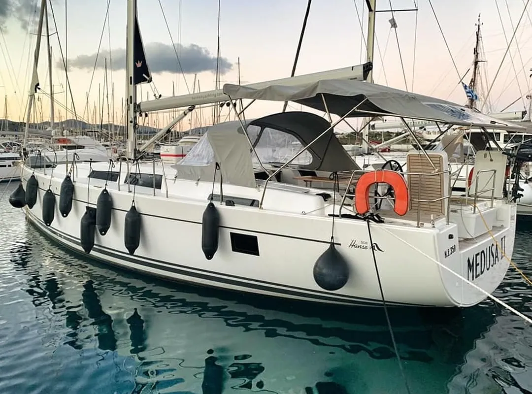 Exterior view of Medusa II, a Hanse 508 sailboat at Municipal Unit of Lefkada, Greece