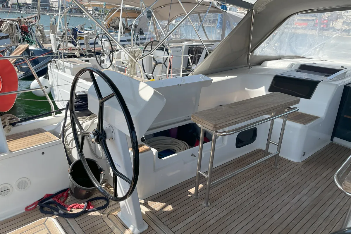Cockpit of Medusa II, a Hanse 508 sailboat at Municipal Unit of Lefkada, Greece