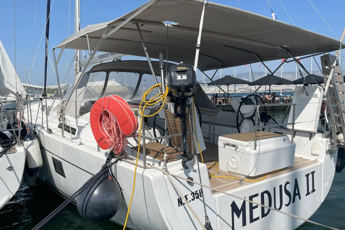 Exterior view of Medusa II, a Hanse 508 sailboat at Municipal Unit of Lefkada, Greece