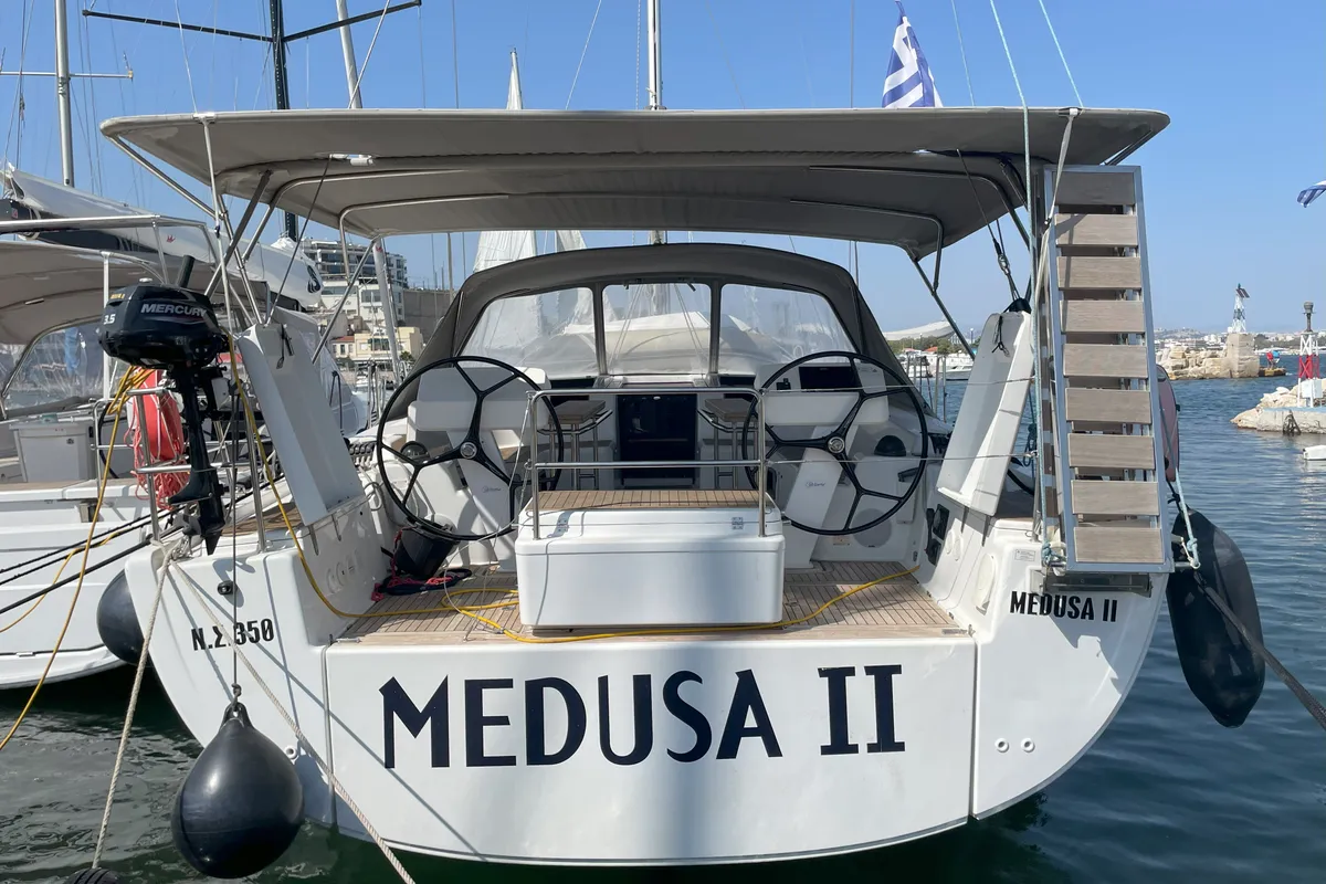 Exterior view of Medusa II, a Hanse 508 sailboat at Municipal Unit of Lefkada, Greece