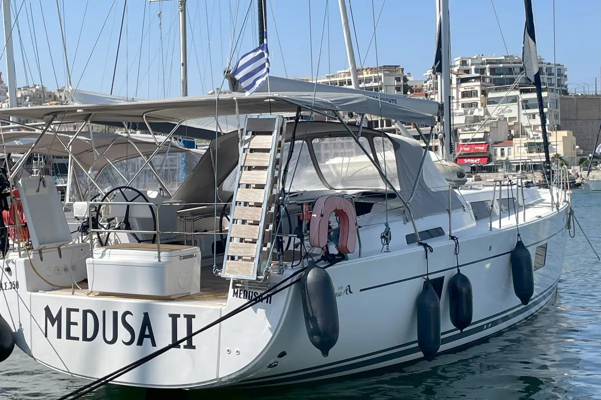 Exterior view of Medusa II, a Hanse 508 sailboat at Municipal Unit of Lefkada, Greece