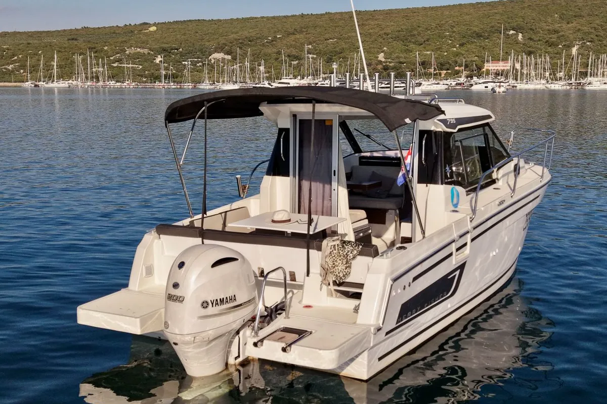 Exterior view of Ares, a Jeanneau Merry Fisher 795 Series 2 motorboat at Punat, Croatia