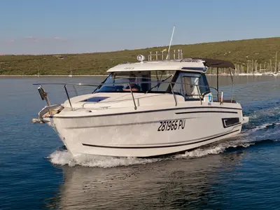 Exterior view of Ares, a Jeanneau Merry Fisher 795 Series 2 motorboat at Punat, Croatia