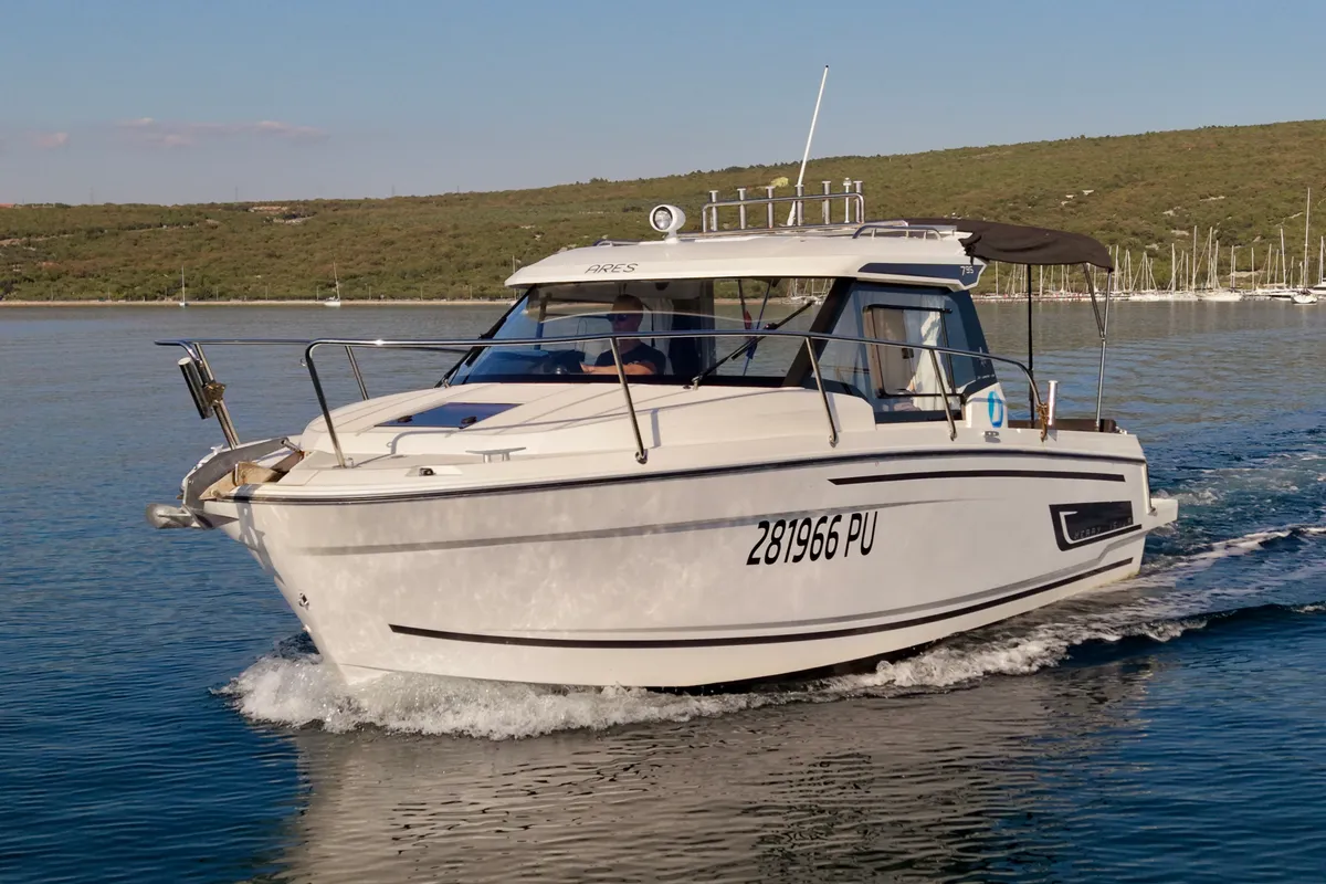 Exterior view of Ares, a Jeanneau Merry Fisher 795 Series 2 motorboat at Punat, Croatia