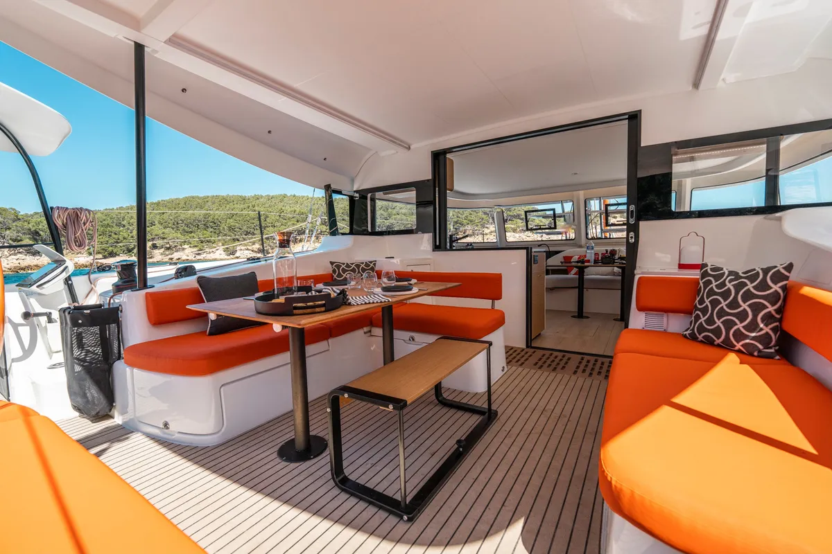 Deck of AQUILA, a Excess 13 catamaran at Municipal Unit of Lefkada, Greece