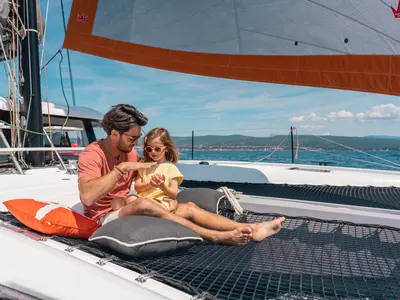 Deck of AQUILA, a Excess 13 catamaran at Municipal Unit of Lefkada, Greece