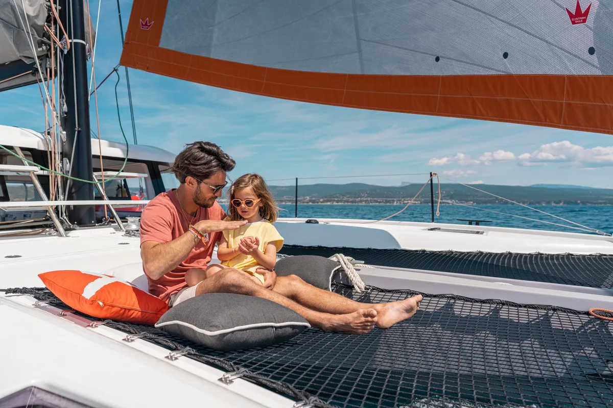 Deck of AQUILA, a Excess 13 catamaran at Municipal Unit of Lefkada, Greece