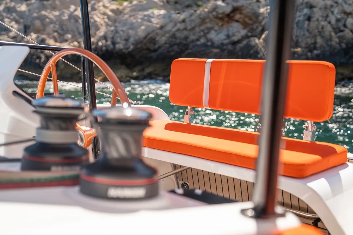 Cockpit of AQUILA, a Excess 13 catamaran at Municipal Unit of Lefkada, Greece