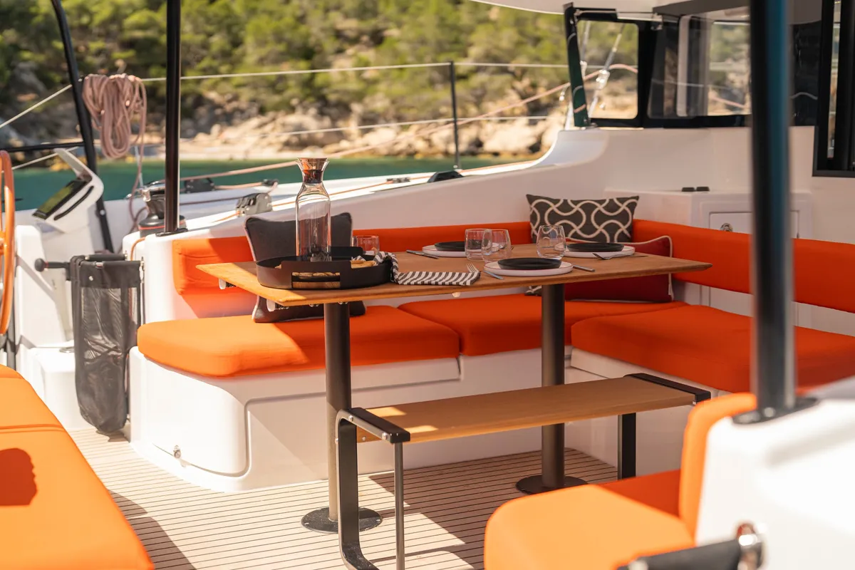 Deck of AQUILA, a Excess 13 catamaran at Municipal Unit of Lefkada, Greece