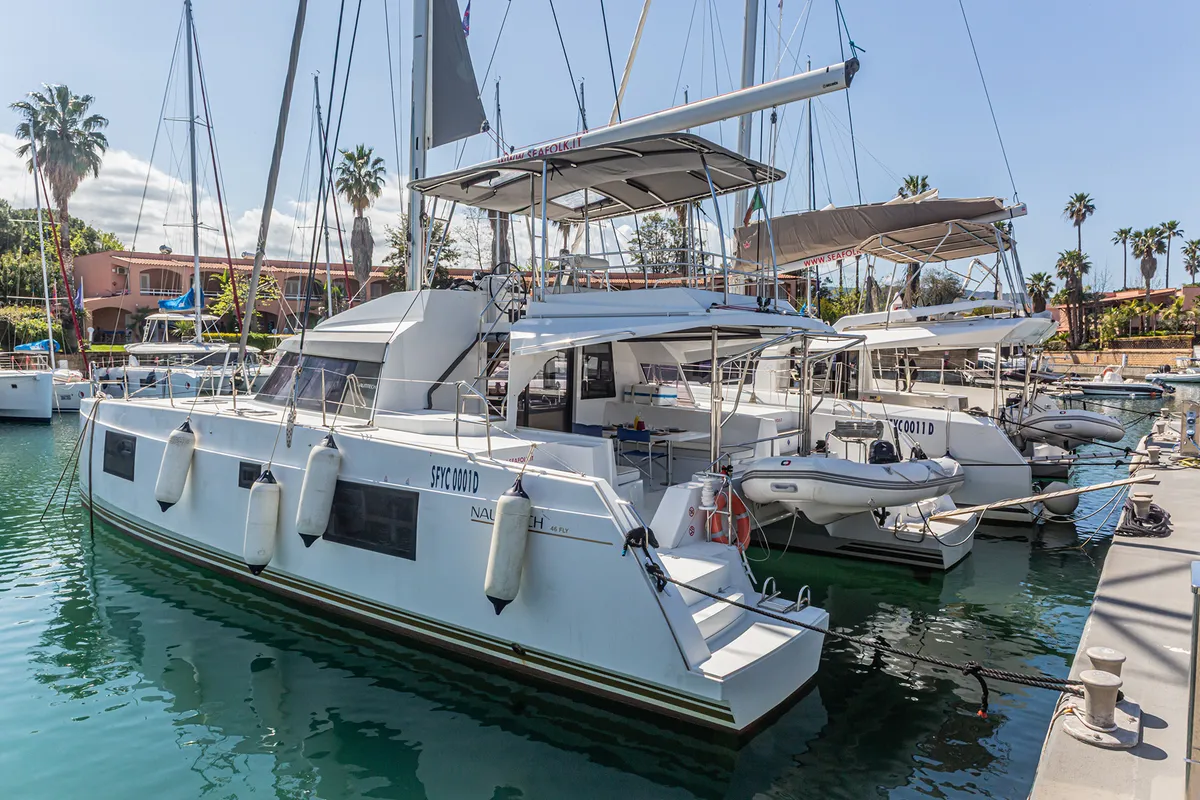 Exterior view of Harmony Planet, a Nautitech 46 Fly catamaran at Tonnarella, Italy