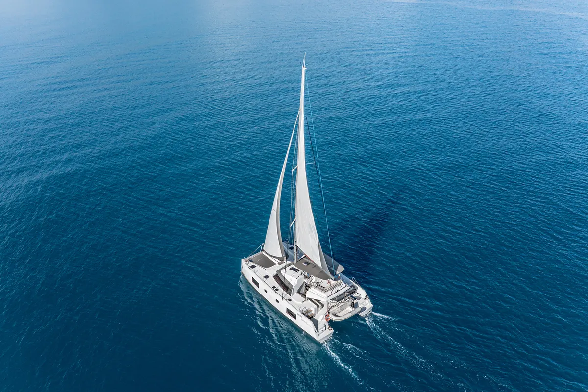 Exterior view of Harmony Planet, a Nautitech 46 Fly catamaran at Tonnarella, Italy