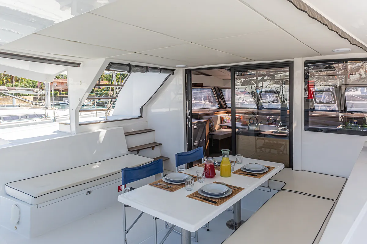 Salon of Harmony Planet, a Nautitech 46 Fly catamaran at Tonnarella, Italy