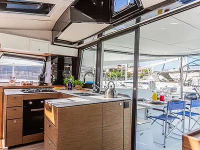 Cockpit of Harmony Planet, a Nautitech 46 Fly catamaran at Tonnarella, Italy