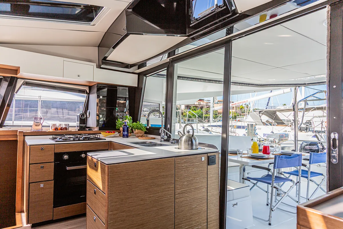 Cockpit of Harmony Planet, a Nautitech 46 Fly catamaran at Tonnarella, Italy