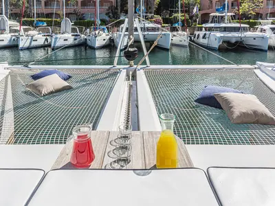 Deck of Harmony Planet, a Nautitech 46 Fly catamaran at Tonnarella, Italy