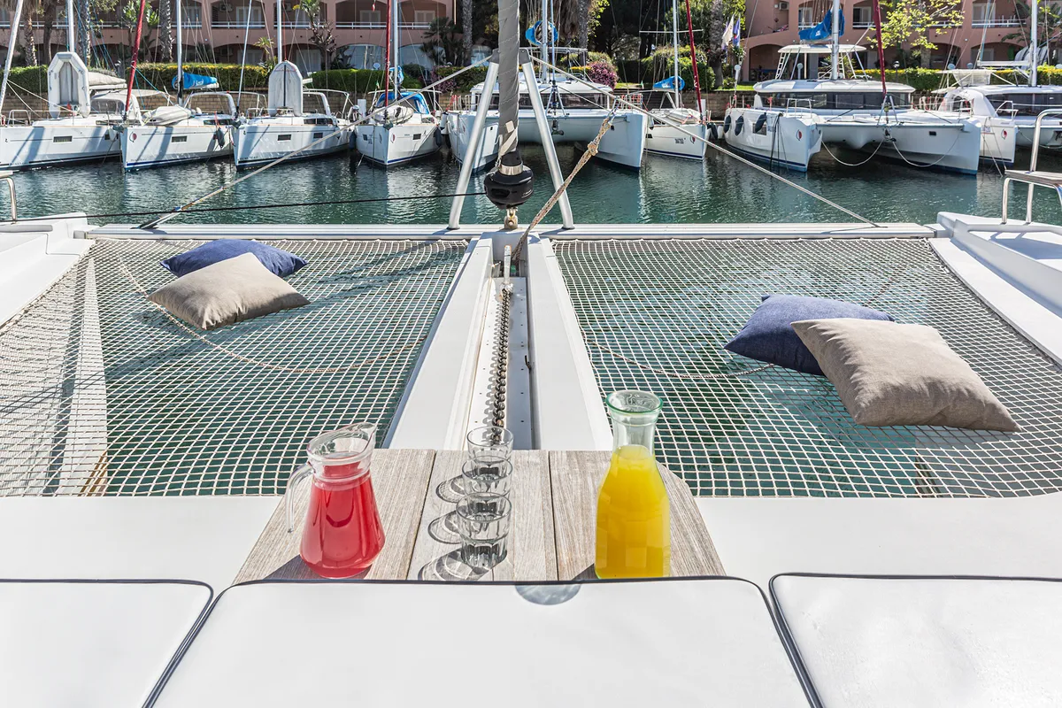 Deck of Harmony Planet, a Nautitech 46 Fly catamaran at Tonnarella, Italy