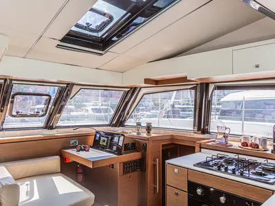 Galley of Harmony Planet, a Nautitech 46 Fly catamaran at Tonnarella, Italy