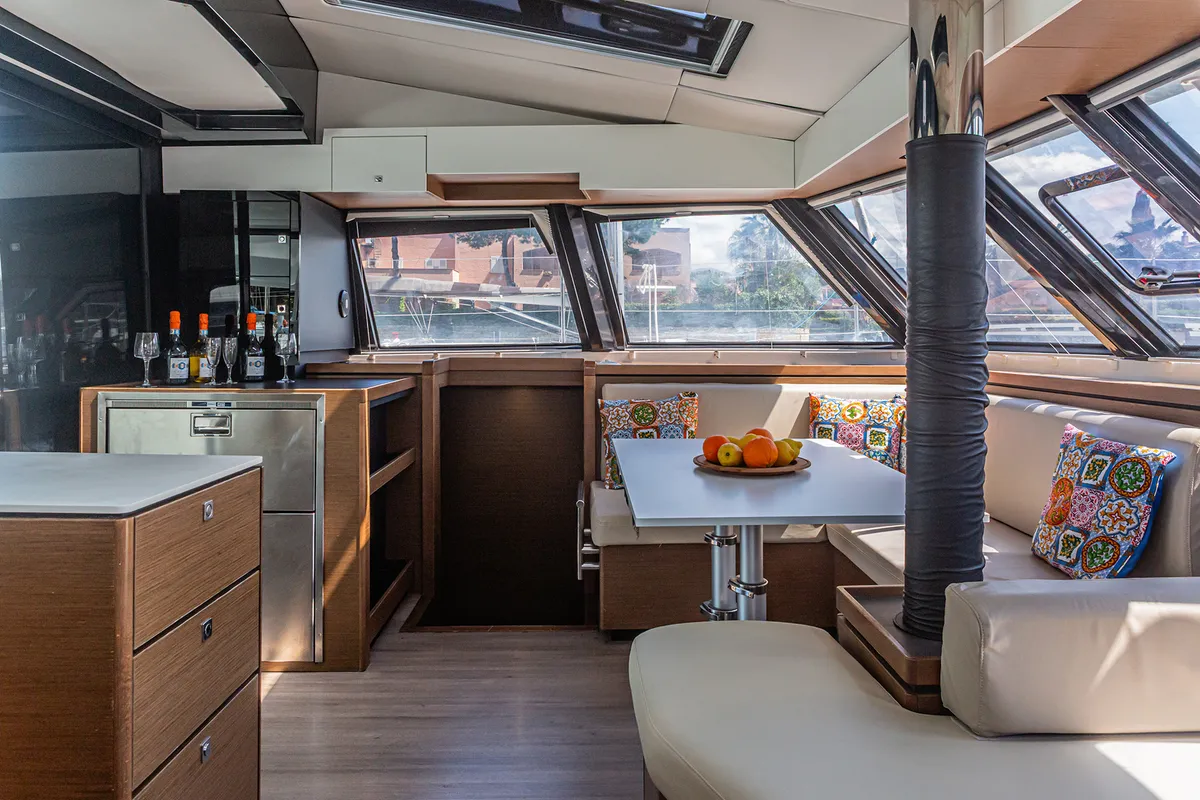 Deck of Harmony Planet, a Nautitech 46 Fly catamaran at Tonnarella, Italy
