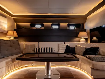Salon of Maeva Star, a Leopard 23 motor yacht at Milazzo, Italy