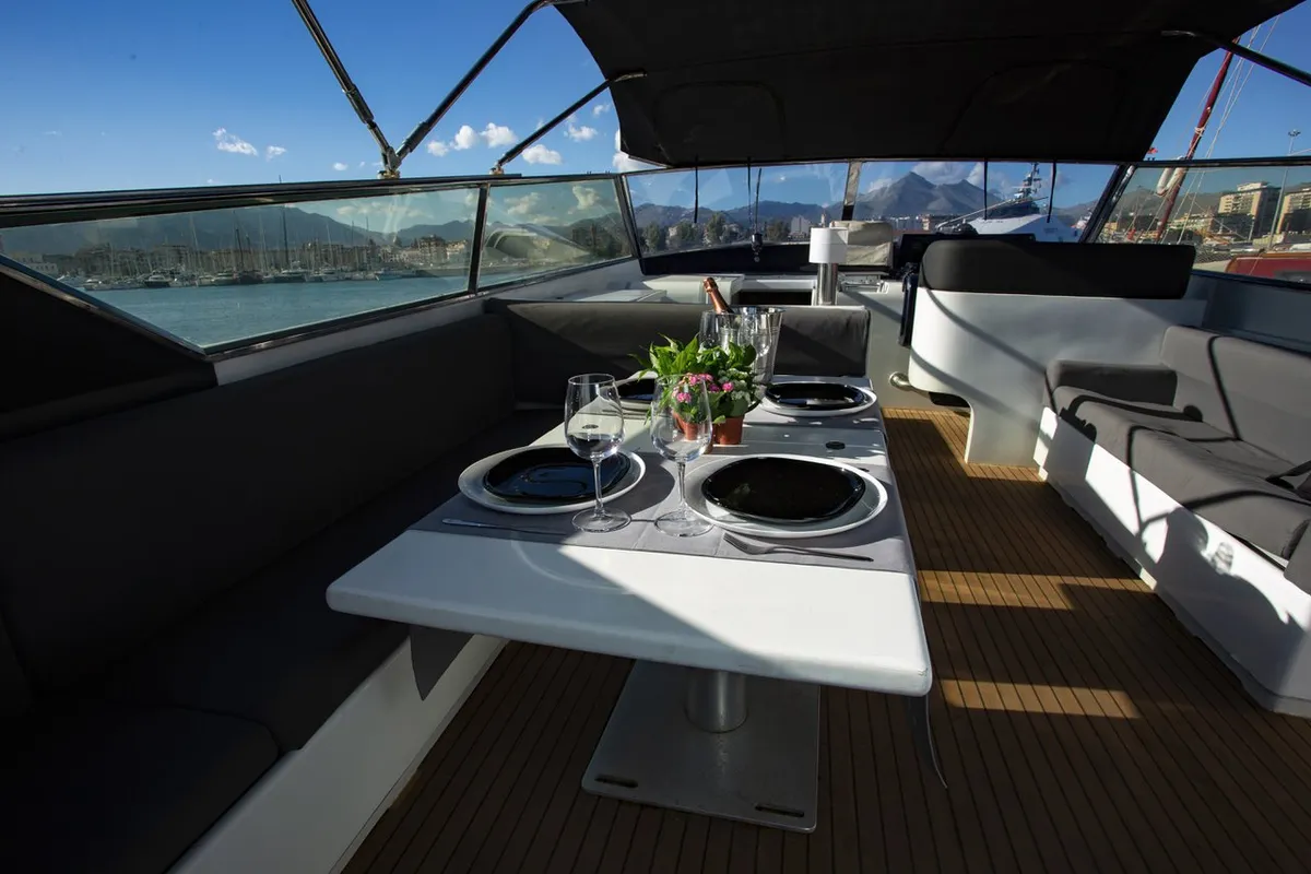 Deck of Maeva Star, a Leopard 23 motor yacht at Milazzo, Italy