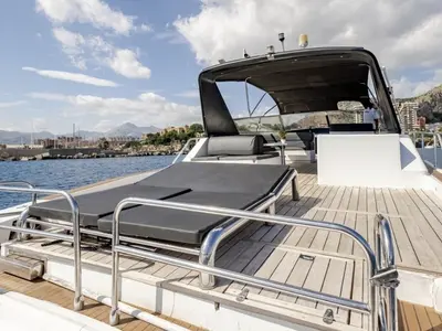 Deck of Maeva Star, a Leopard 23 motor yacht at Milazzo, Italy