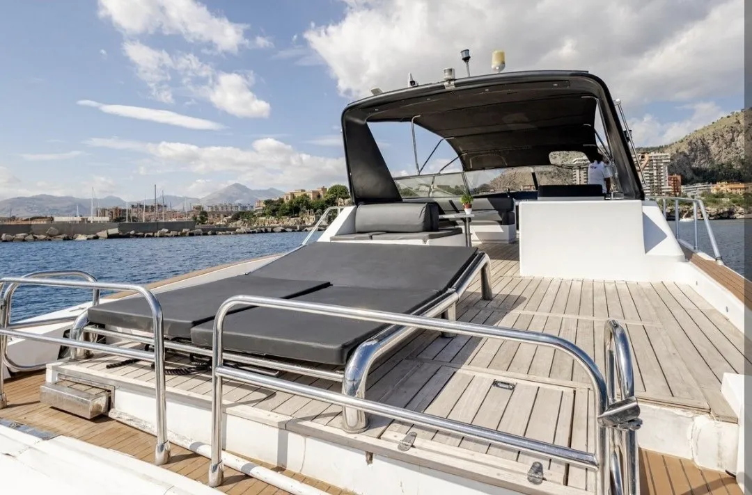 Deck of Maeva Star, a Leopard 23 motor yacht at Milazzo, Italy