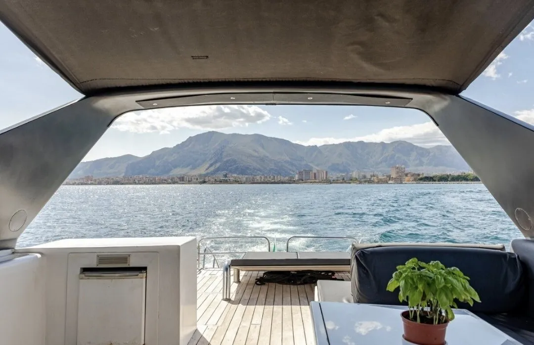 Deck of Maeva Star, a Leopard 23 motor yacht at Milazzo, Italy