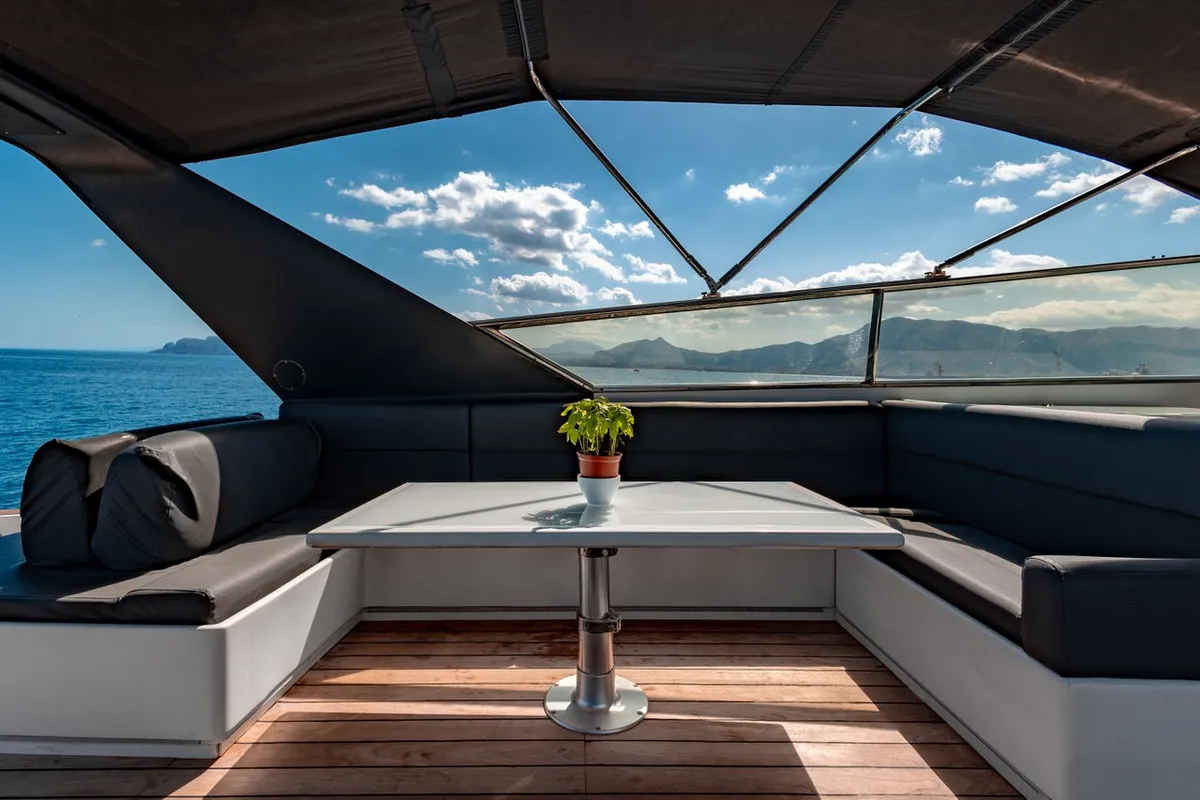 Deck of Maeva Star, a Leopard 23 motor yacht at Milazzo, Italy