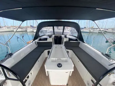 Cockpit of Ampeli, a Beneteau Oceanis 40.1 sailboat at Municipal Unit of Lefkada, Greece