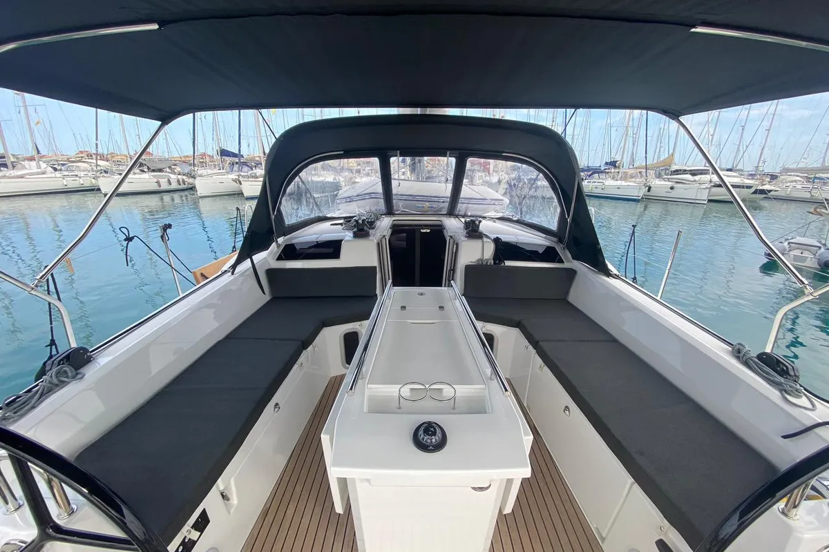 Cockpit of Ampeli, a Beneteau Oceanis 40.1 sailboat at Municipal Unit of Lefkada, Greece