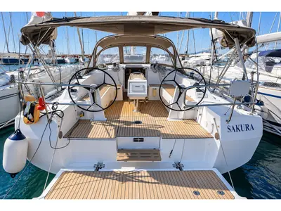 Cockpit of Sakura J, a Bavaria 42 sailboat at Punta Ala, Italy
