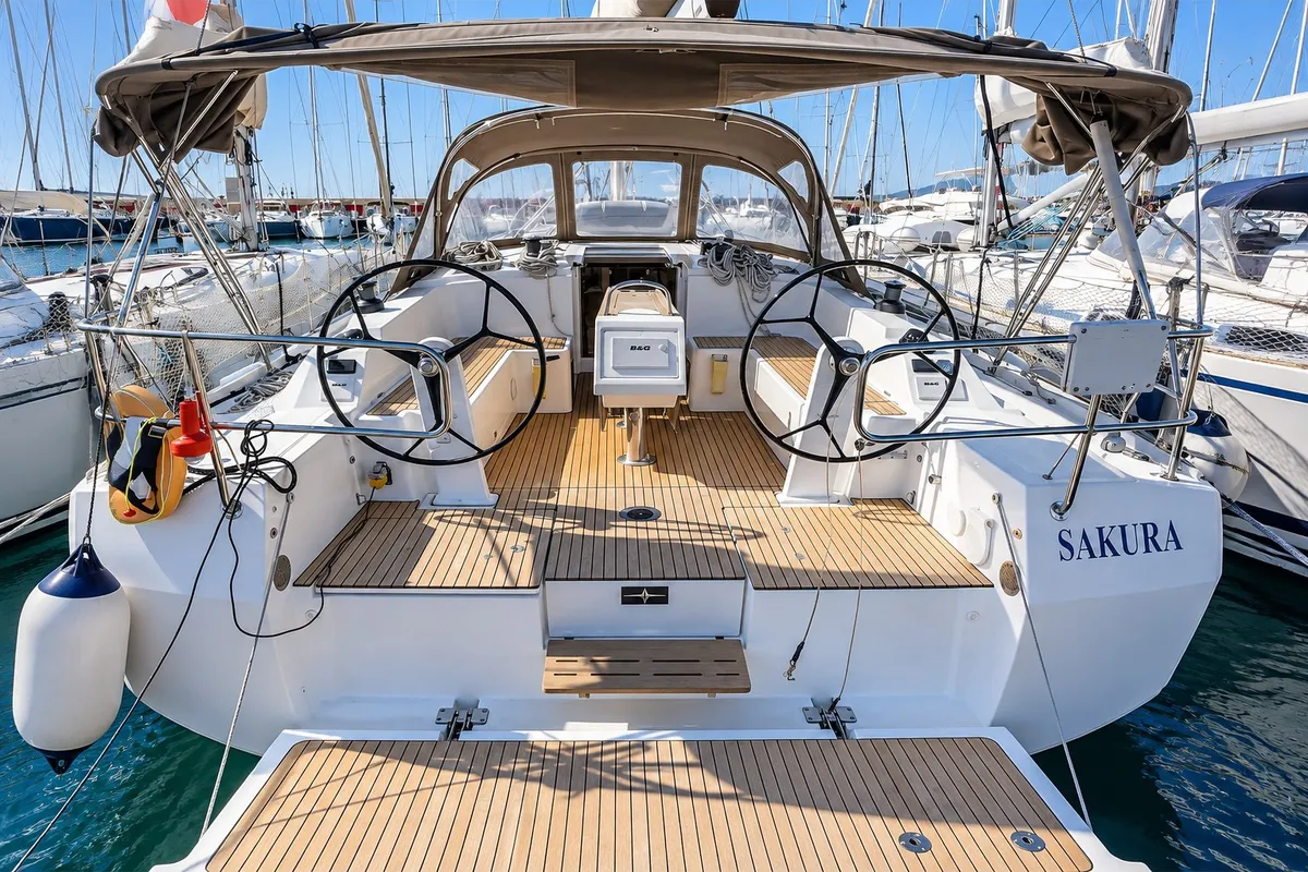 Cockpit of Sakura J, a Bavaria 42 sailboat at Punta Ala, Italy